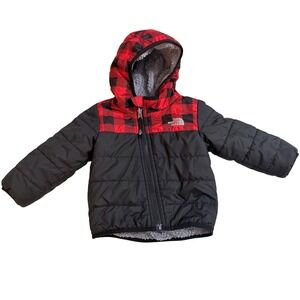 The North Face Toddler Kids Hooded Puffer Jacket Red Black Buffalo Plaid Fleece